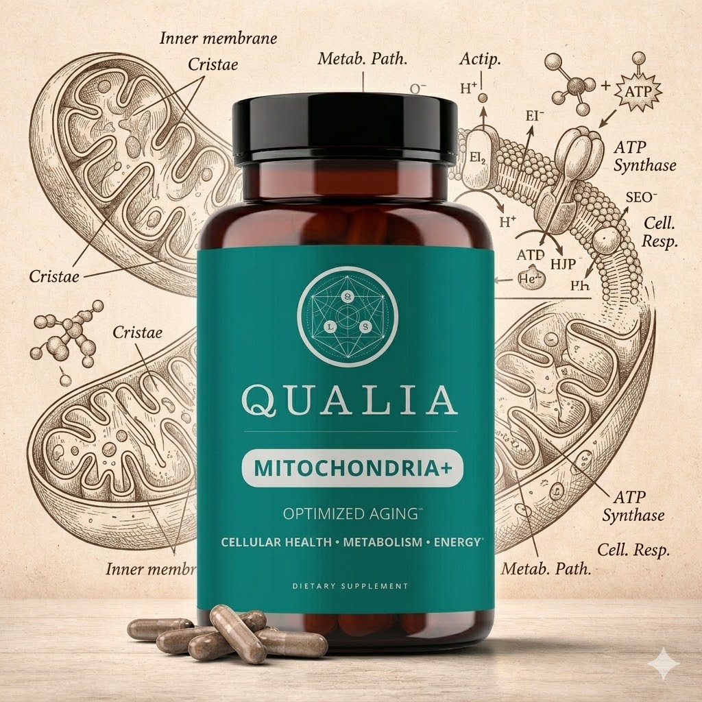 Qualia Mitochondria+ bottle with mitochondrial energy diagram background.